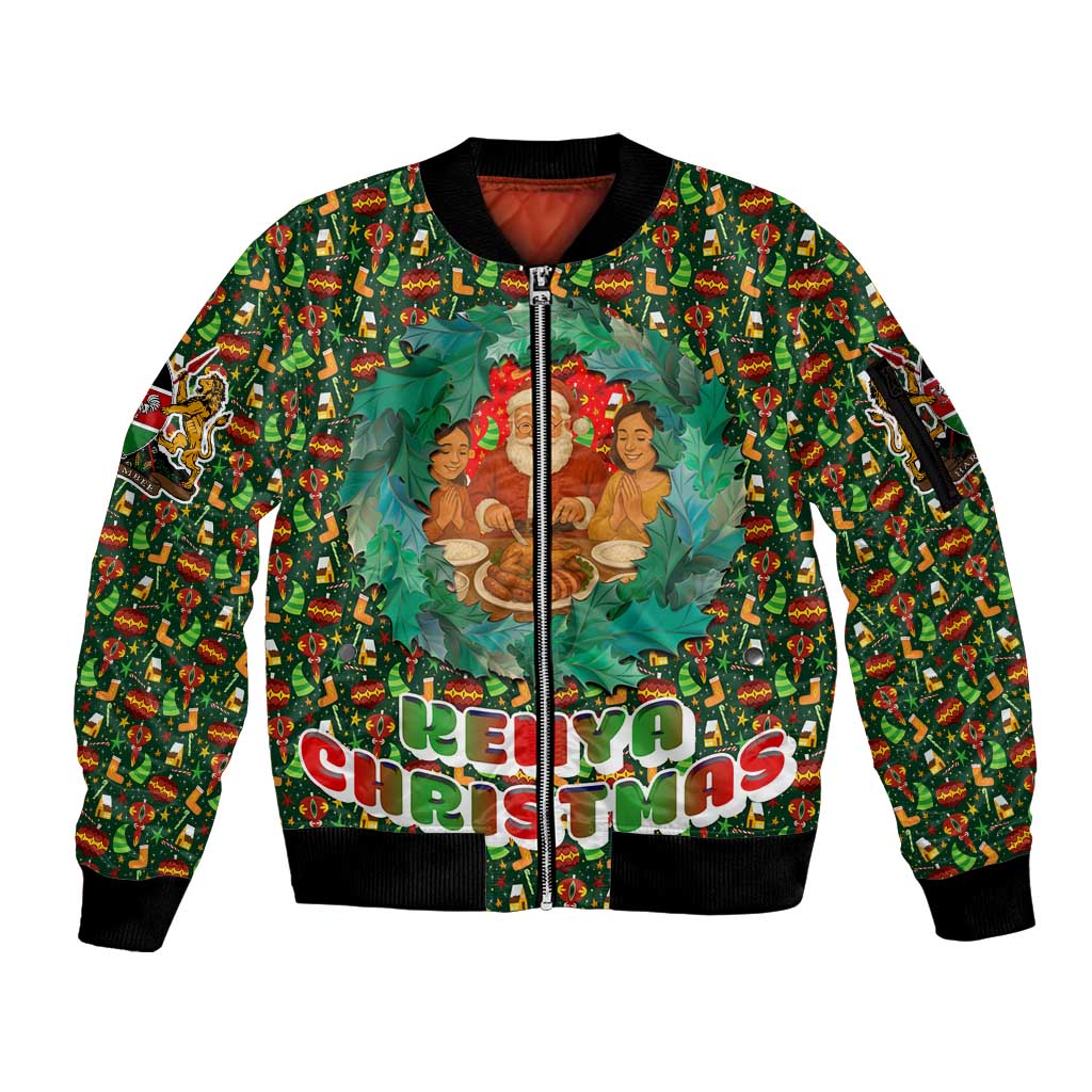 Kenya Christmas Sleeve Zip Bomber Jacket with Santa Feast Scene and Festive Wreath Pattern - Wonder Print Shop