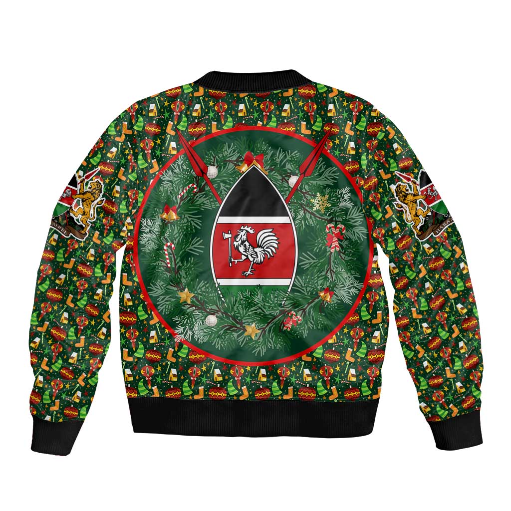 Kenya Christmas Sleeve Zip Bomber Jacket with Santa Feast Scene and Festive Wreath Pattern - Wonder Print Shop