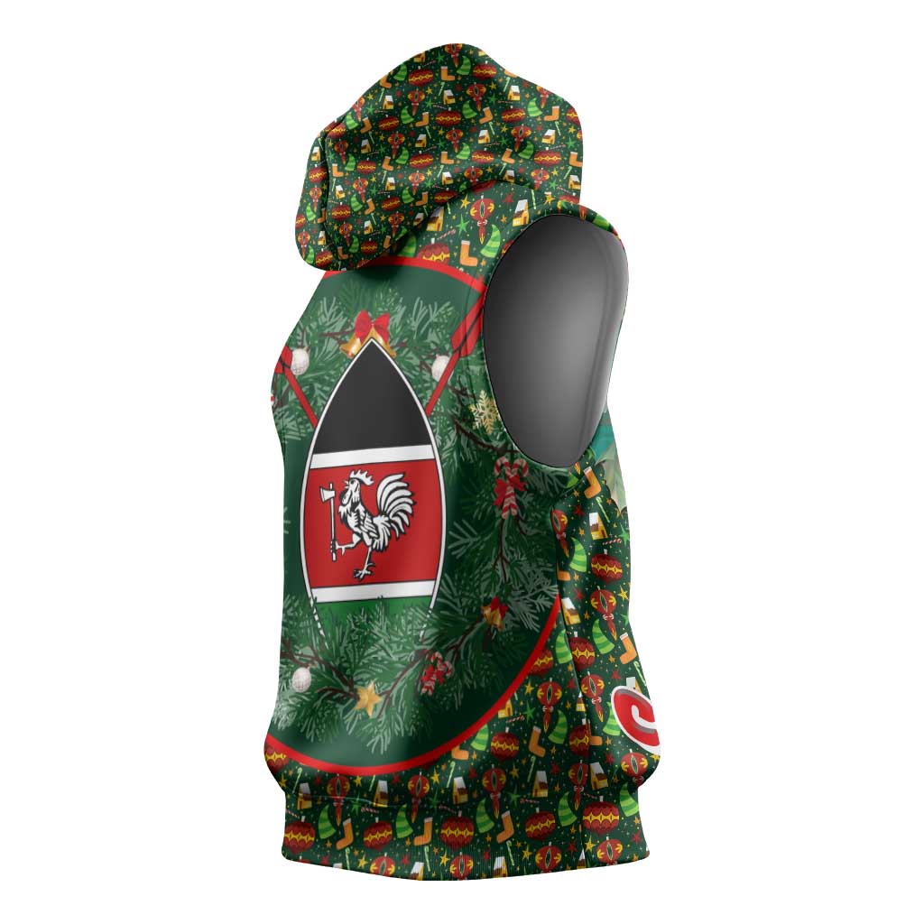 Kenya Christmas Sleeveless Hoodie with Santa Feast Scene and Festive Wreath Pattern - Wonder Print Shop