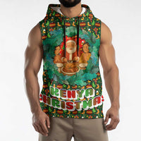 Kenya Christmas Sleeveless Hoodie with Santa Feast Scene and Festive Wreath Pattern - Wonder Print Shop