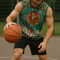 Kenya Christmas Sleeveless Hoodie with Santa Feast Scene and Festive Wreath Pattern - Wonder Print Shop