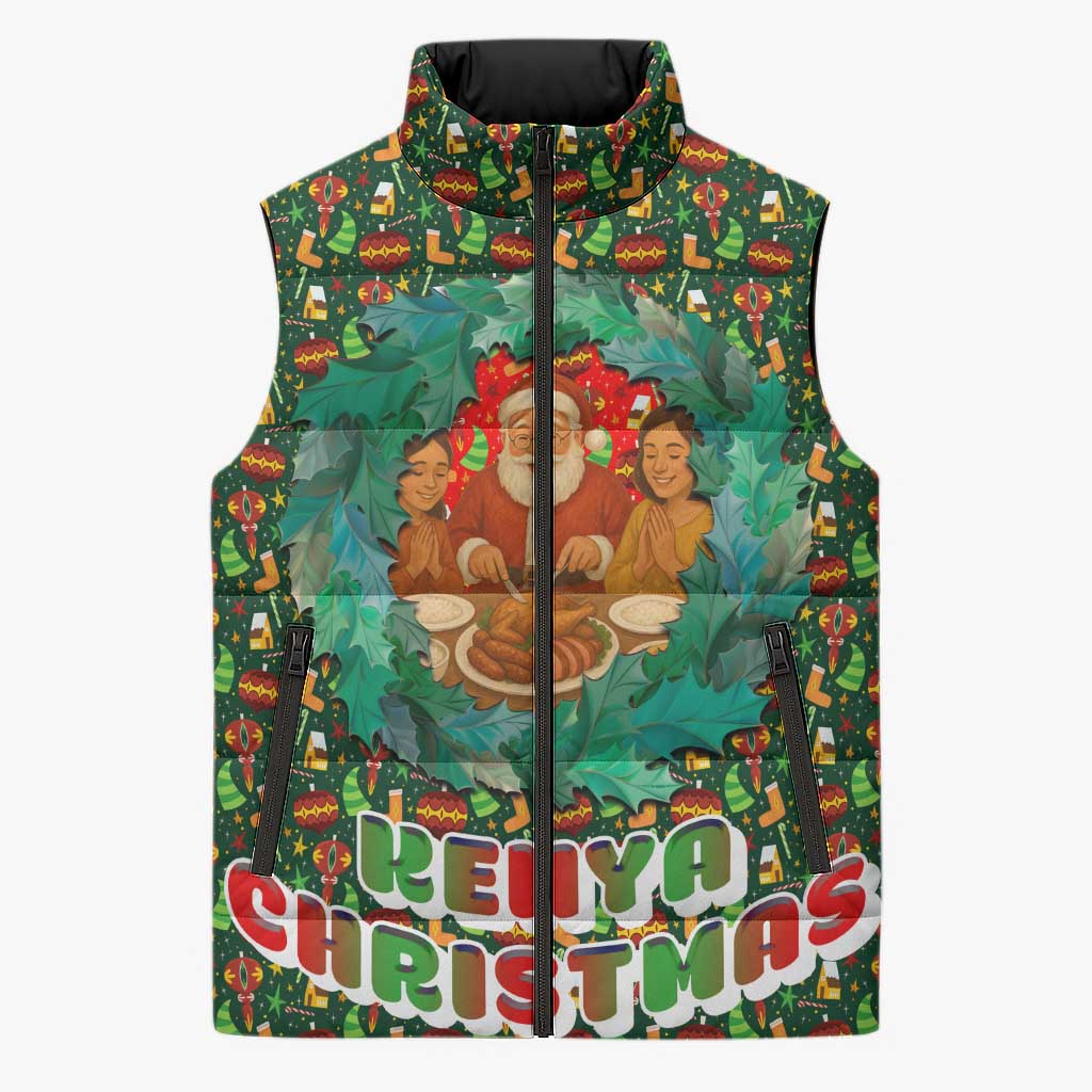 Kenya Christmas Sleeveless Puffer Jacket with Santa Feast Scene and Festive Wreath Pattern - Wonder Print Shop