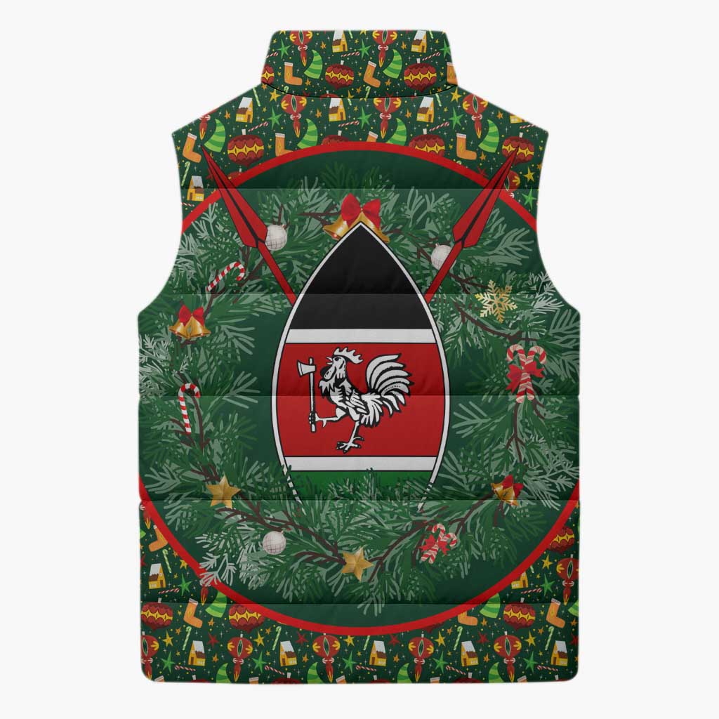 Kenya Christmas Sleeveless Puffer Jacket with Santa Feast Scene and Festive Wreath Pattern - Wonder Print Shop