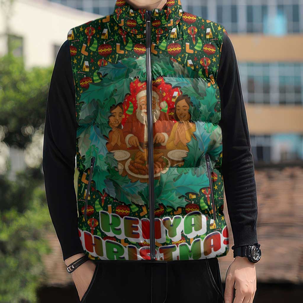 Kenya Christmas Sleeveless Puffer Jacket with Santa Feast Scene and Festive Wreath Pattern - Wonder Print Shop