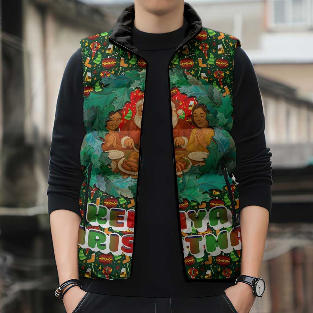Kenya Christmas Sleeveless Puffer Jacket with Santa Feast Scene and Festive Wreath Pattern - Wonder Print Shop