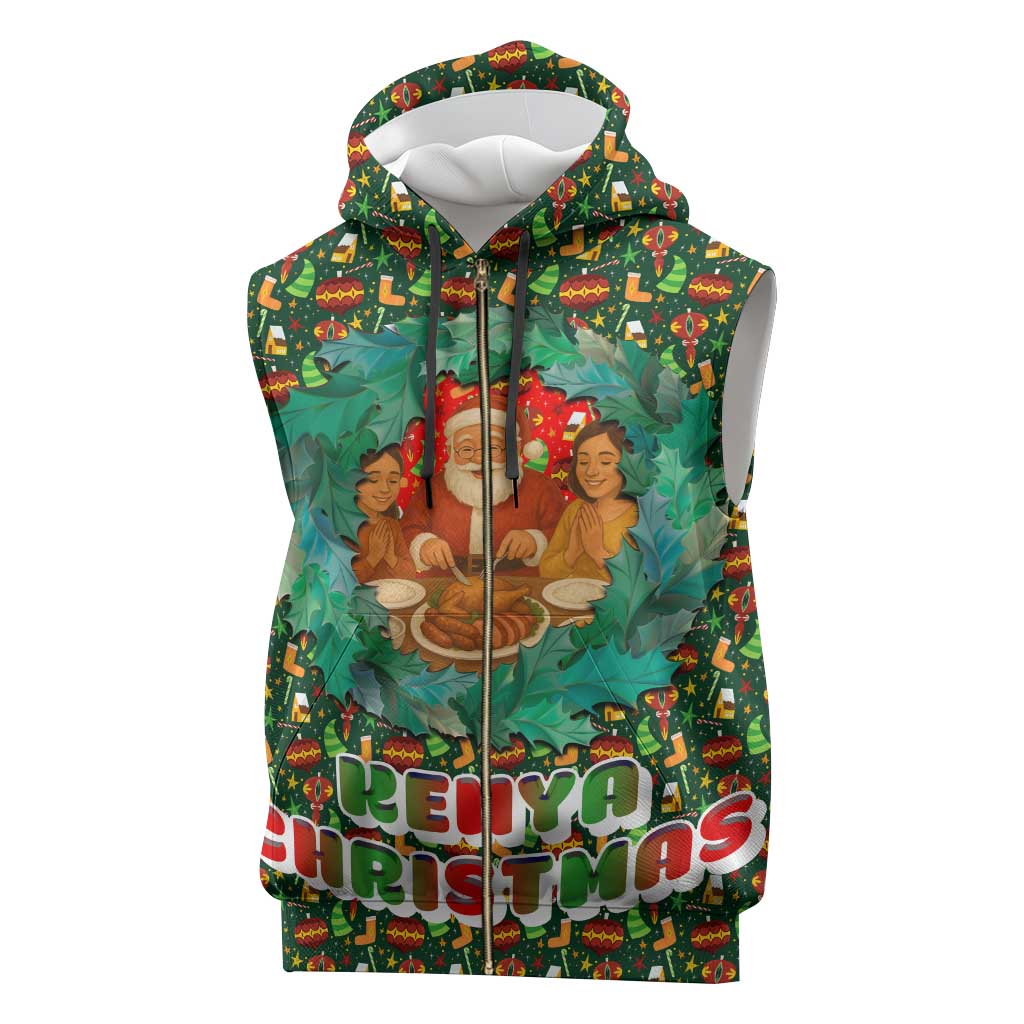 Kenya Christmas Sleeveless Zip Hoodie with Santa Feast Scene and Festive Wreath Pattern - Wonder Print Shop