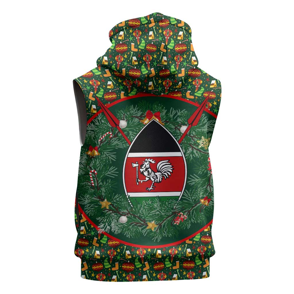 Kenya Christmas Sleeveless Zip Hoodie with Santa Feast Scene and Festive Wreath Pattern - Wonder Print Shop