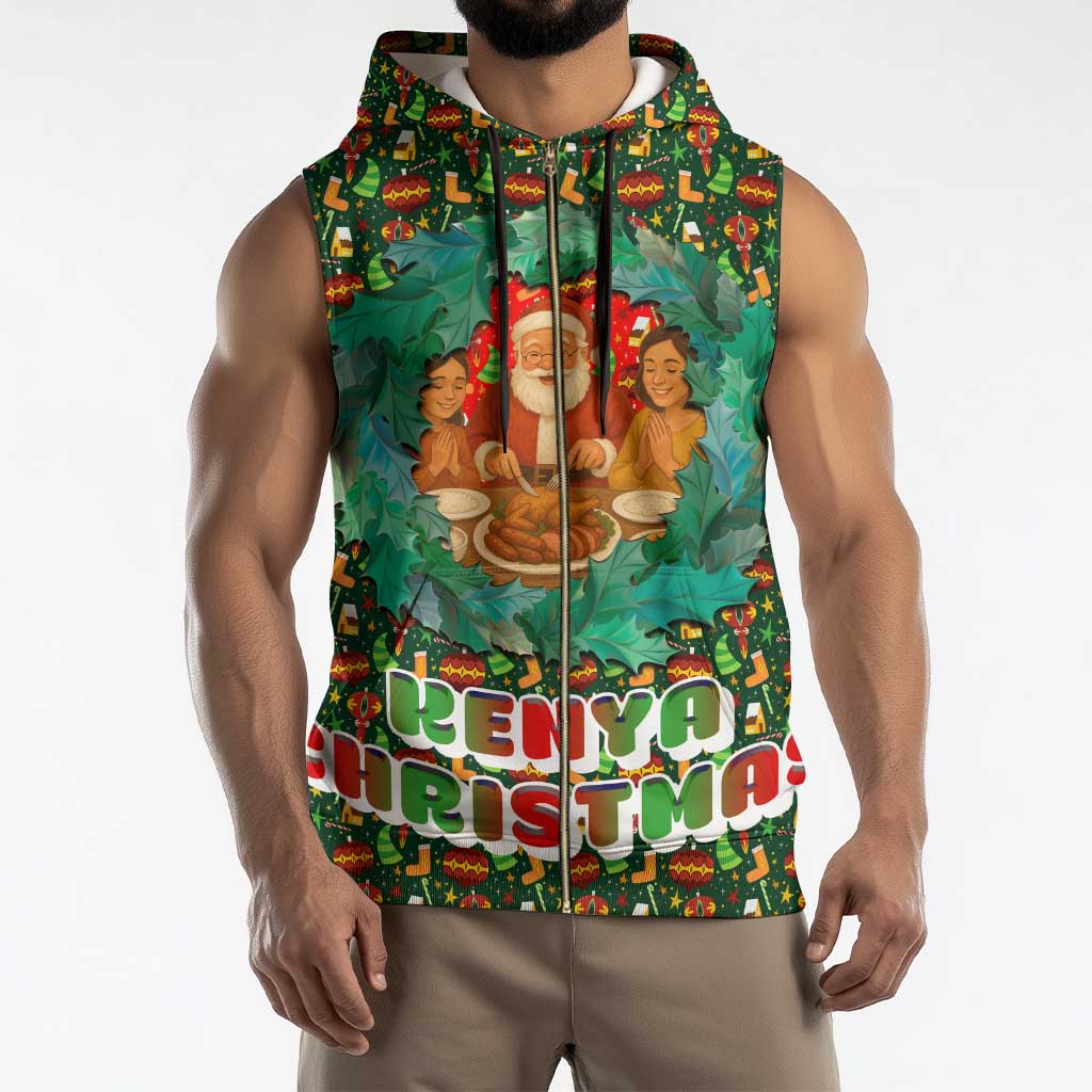 Kenya Christmas Sleeveless Zip Hoodie with Santa Feast Scene and Festive Wreath Pattern - Wonder Print Shop