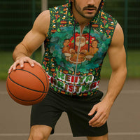 Kenya Christmas Sleeveless Zip Hoodie with Santa Feast Scene and Festive Wreath Pattern - Wonder Print Shop