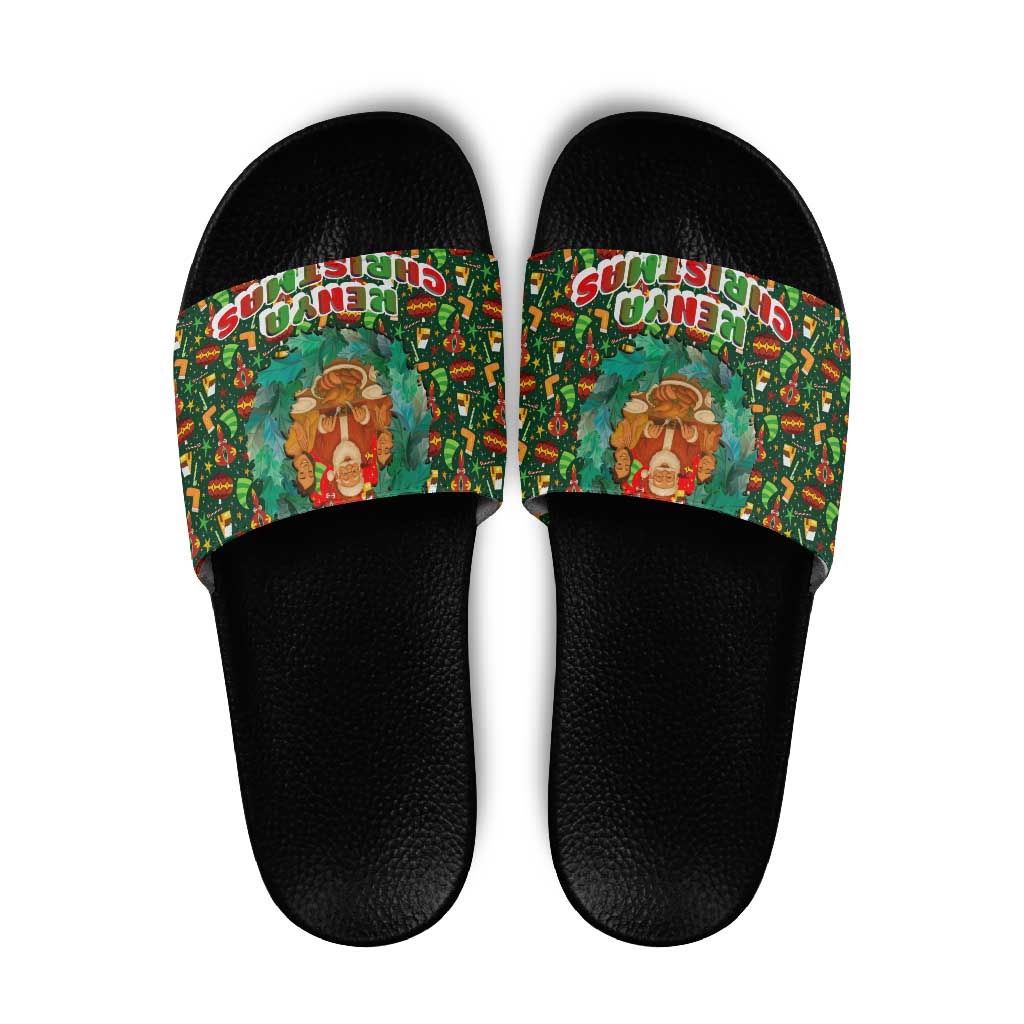Kenya Christmas Slide Sandals with Santa Feast Scene and Festive Wreath Pattern - Wonder Print Shop