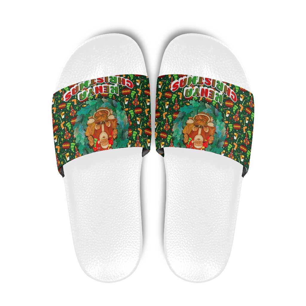 Kenya Christmas Slide Sandals with Santa Feast Scene and Festive Wreath Pattern - Wonder Print Shop