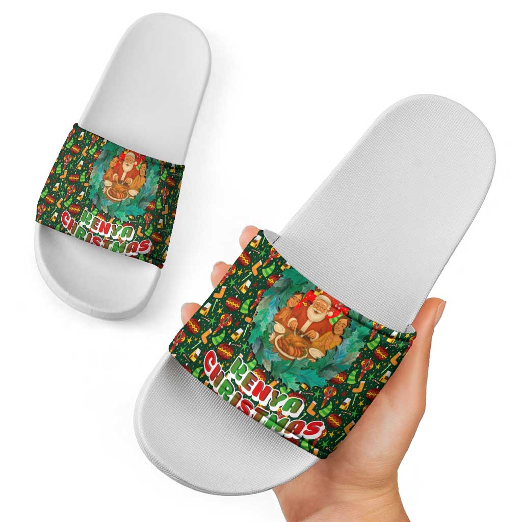 Kenya Christmas Slide Sandals with Santa Feast Scene and Festive Wreath Pattern - Wonder Print Shop