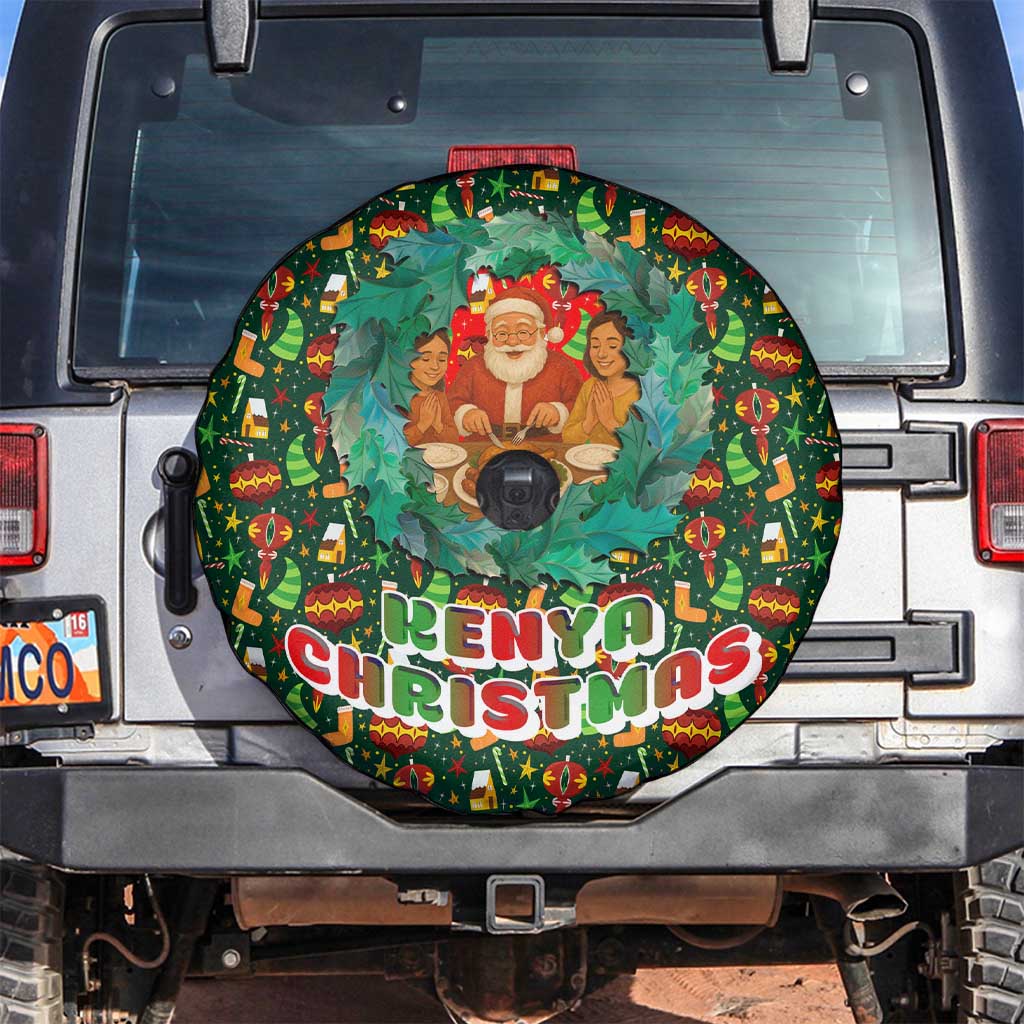 Kenya Christmas Spare Tire Cover with Santa Feast Scene and Festive Wreath Pattern - Wonder Print Shop