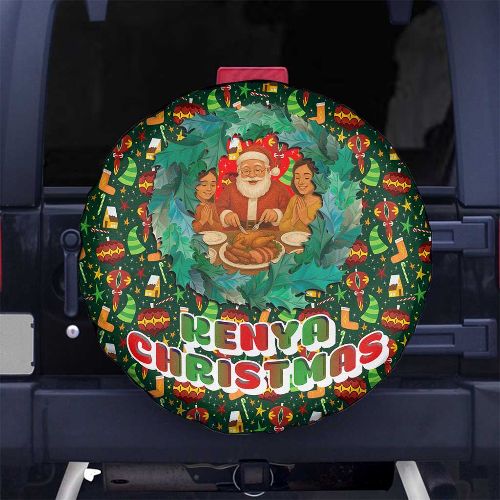 Kenya Christmas Spare Tire Cover with Santa Feast Scene and Festive Wreath Pattern - Wonder Print Shop