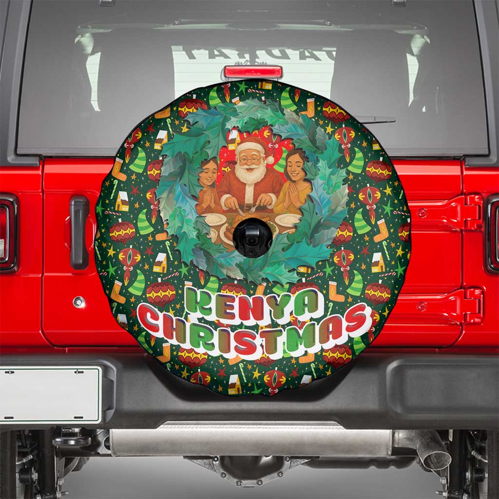 Kenya Christmas Spare Tire Cover with Santa Feast Scene and Festive Wreath Pattern - Wonder Print Shop