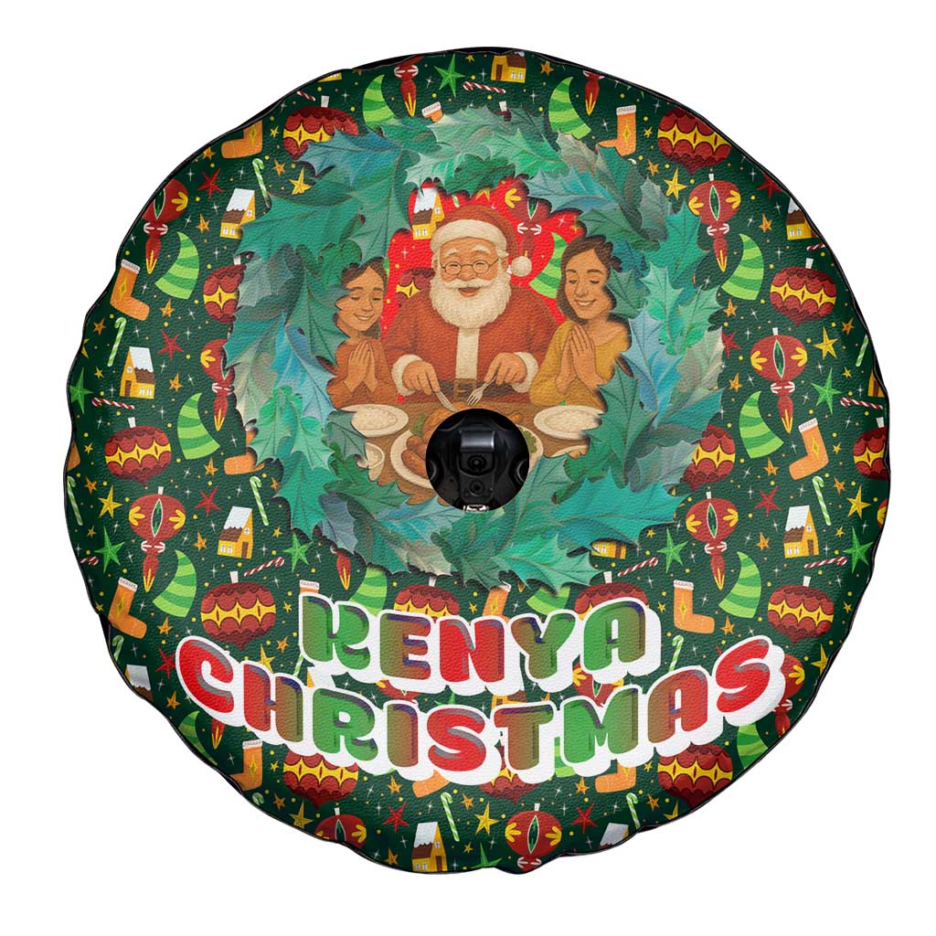 Kenya Christmas Spare Tire Cover with Santa Feast Scene and Festive Wreath Pattern - Wonder Print Shop