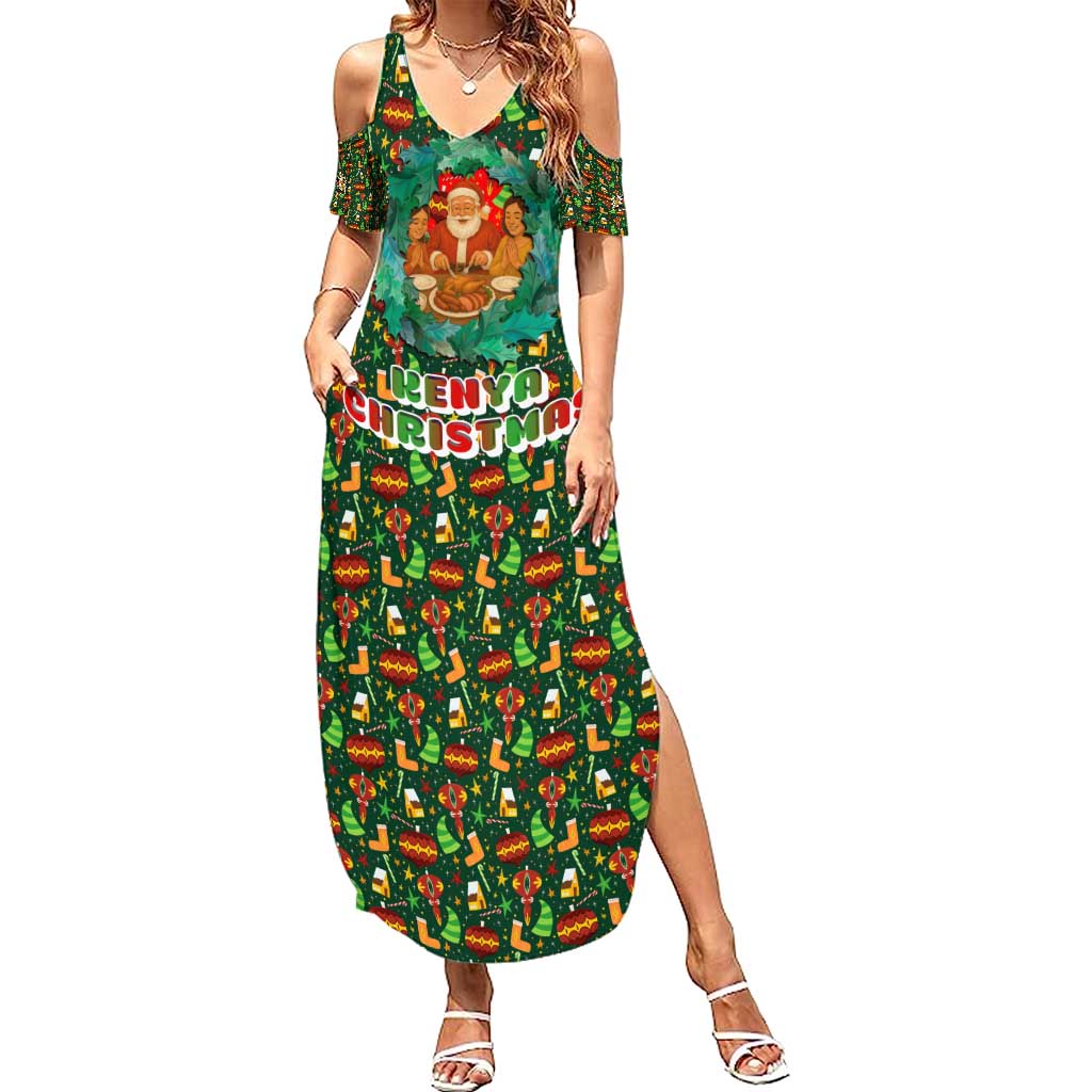Kenya Christmas Summer Maxi Dress with Santa Feast Scene and Festive Wreath Pattern - Wonder Print Shop