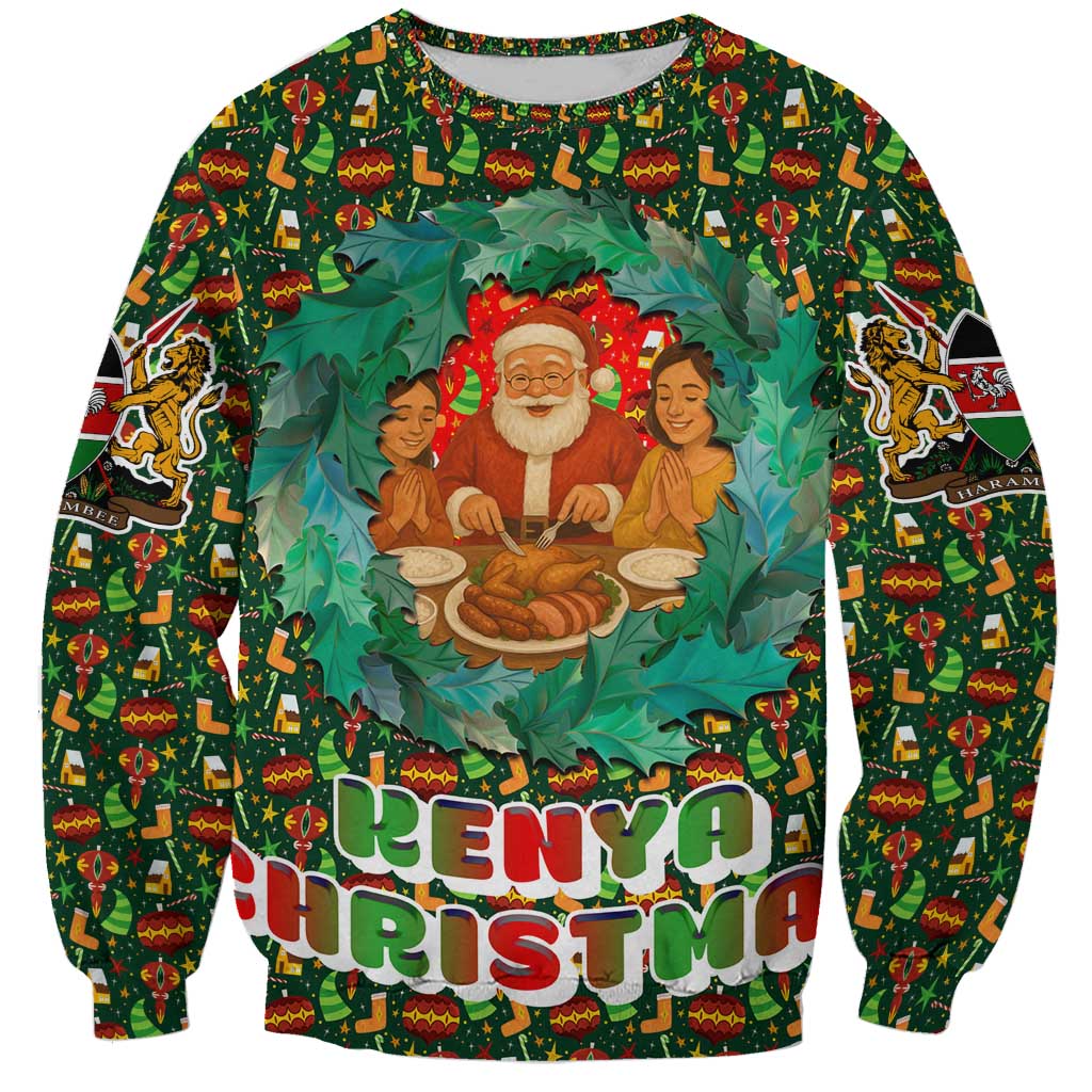 Kenya Christmas Sweatshirt with Santa Feast Scene and Festive Wreath Pattern - Wonder Print Shop