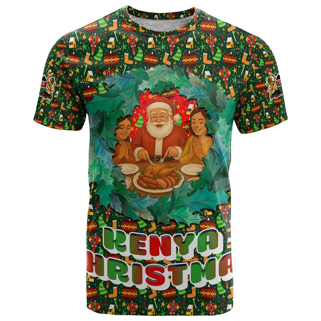 Kenya Christmas T Shirt with Santa Feast Scene and Festive Wreath Pattern - Wonder Print Shop