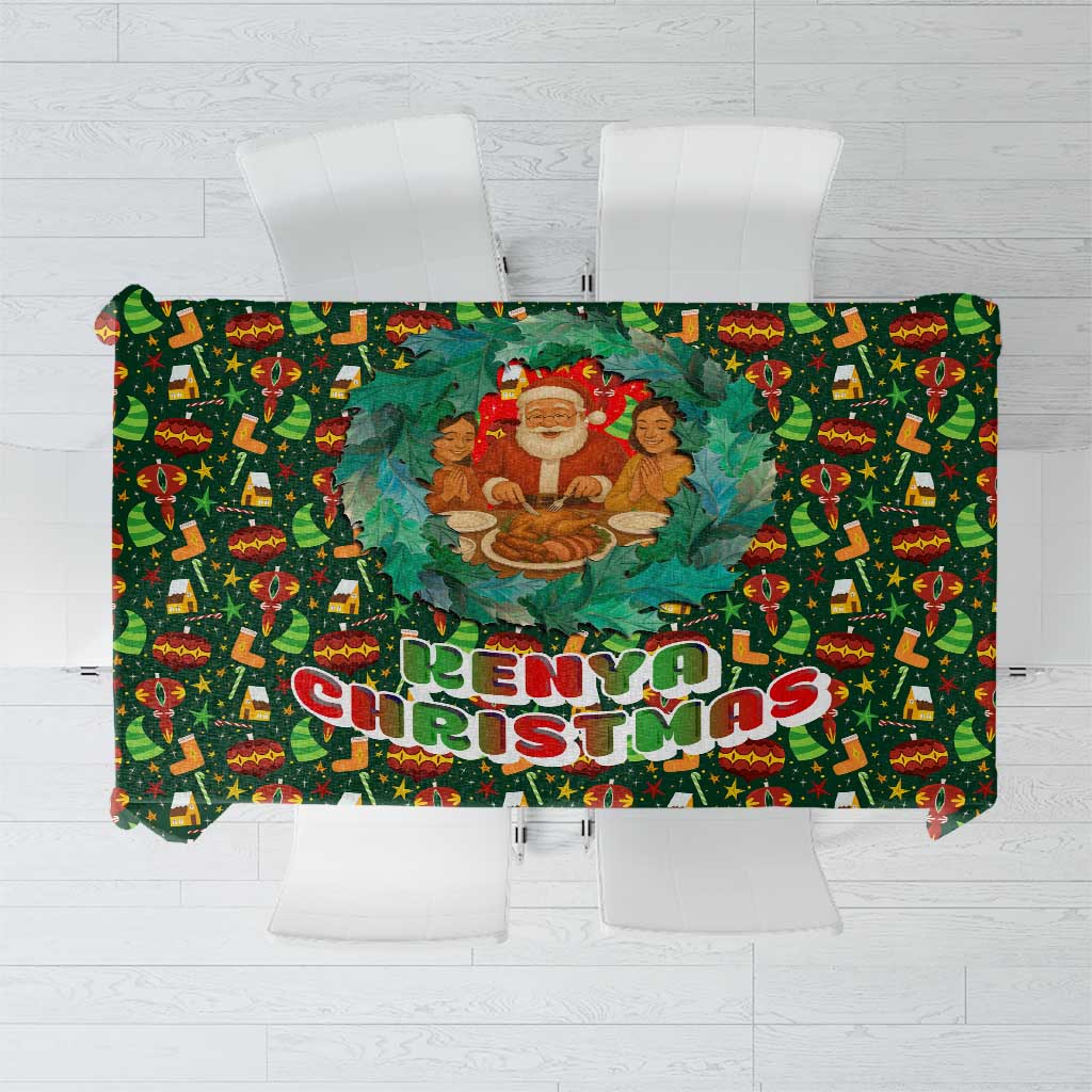 Kenya Christmas Tablecloth with Santa Feast Scene and Festive Wreath Pattern - Wonder Print Shop
