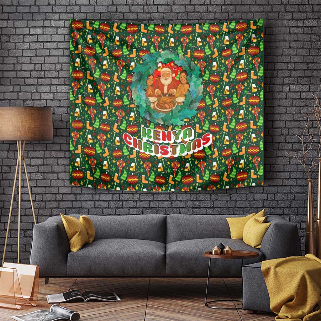 Kenya Christmas Tapestry with Santa Feast Scene and Festive Wreath Pattern - Wonder Print Shop