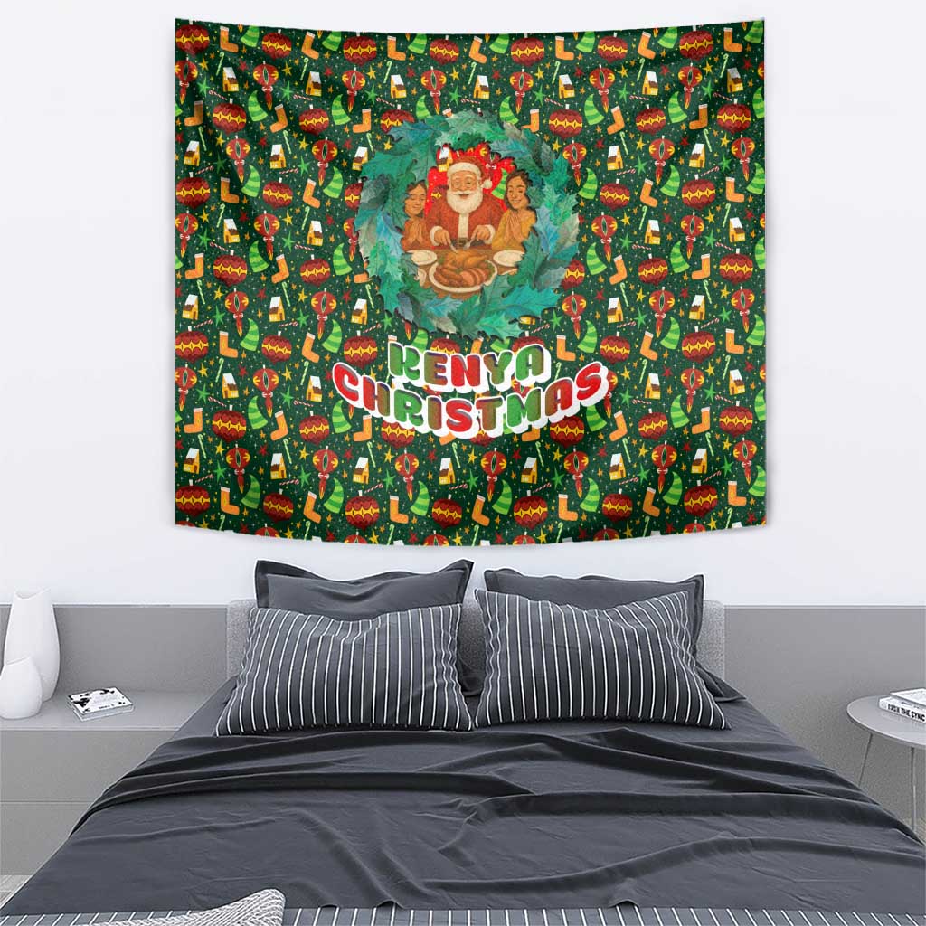 Kenya Christmas Tapestry with Santa Feast Scene and Festive Wreath Pattern - Wonder Print Shop