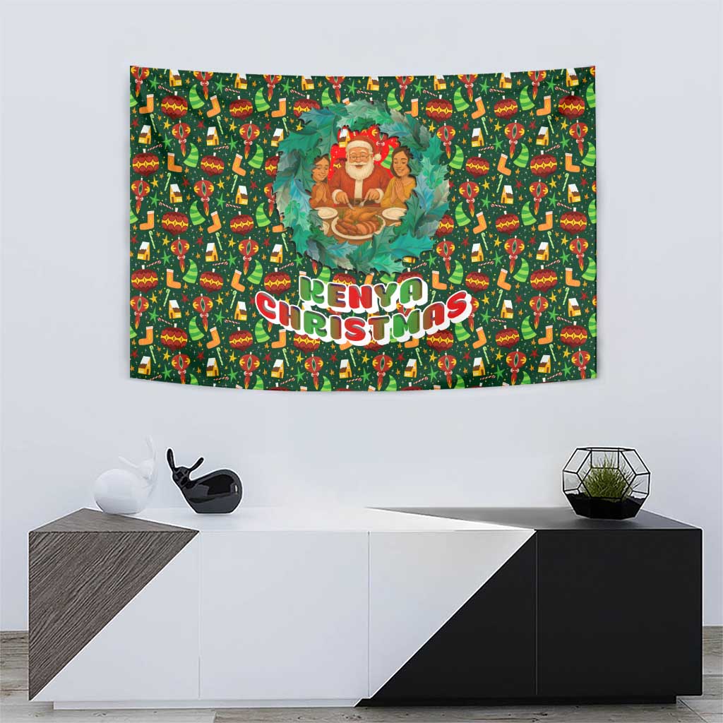 Kenya Christmas Tapestry with Santa Feast Scene and Festive Wreath Pattern - Wonder Print Shop
