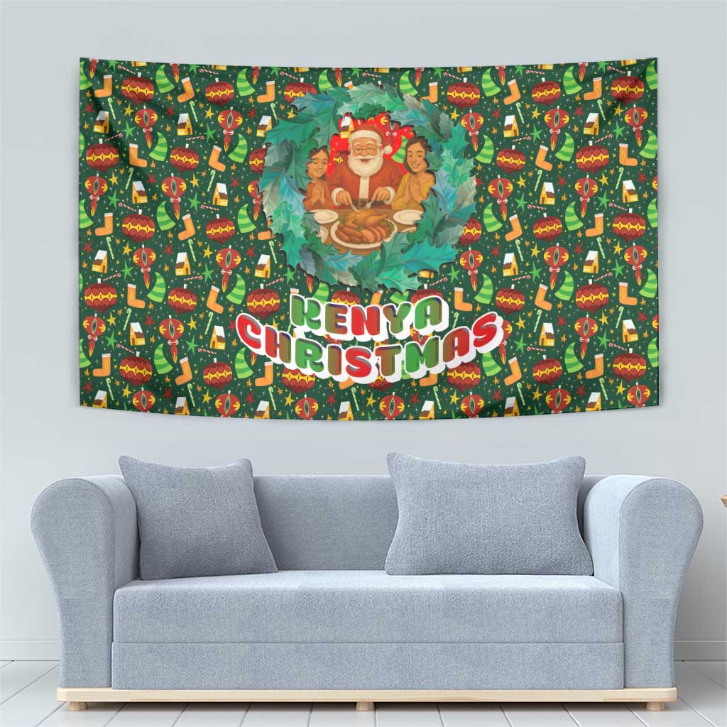 Kenya Christmas Tapestry with Santa Feast Scene and Festive Wreath Pattern - Wonder Print Shop