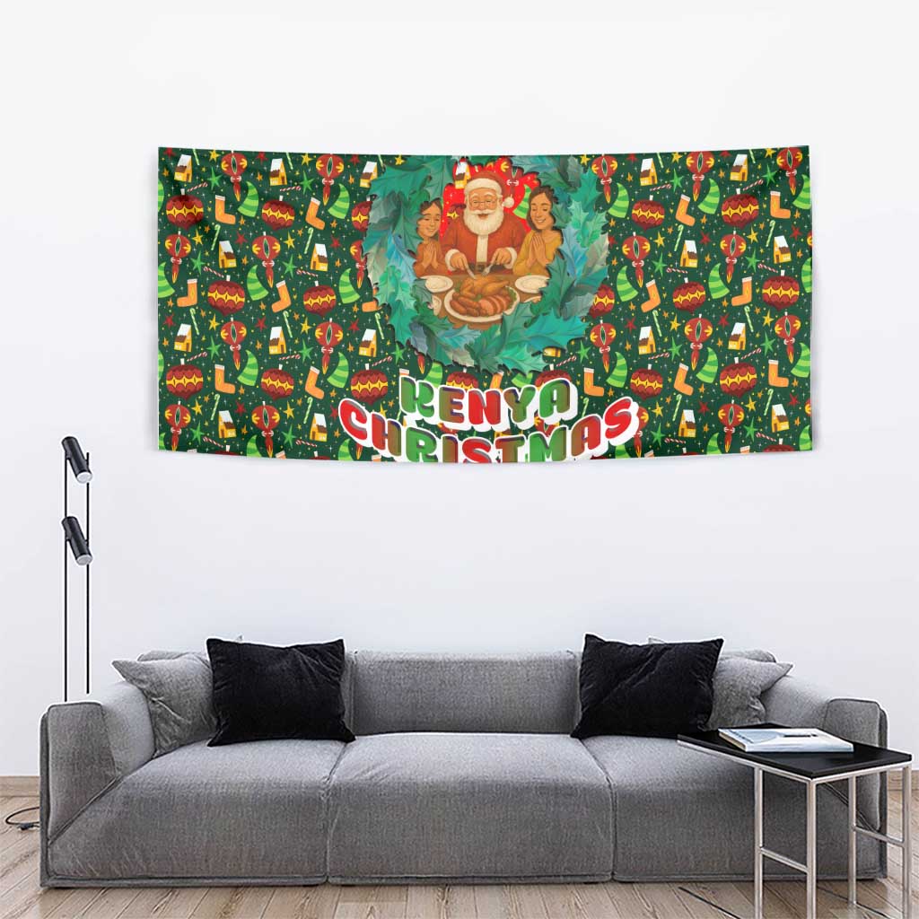 Kenya Christmas Tapestry with Santa Feast Scene and Festive Wreath Pattern - Wonder Print Shop
