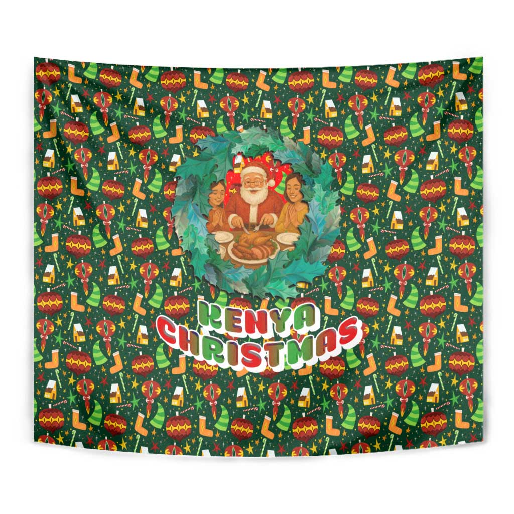 Kenya Christmas Tapestry with Santa Feast Scene and Festive Wreath Pattern - Wonder Print Shop