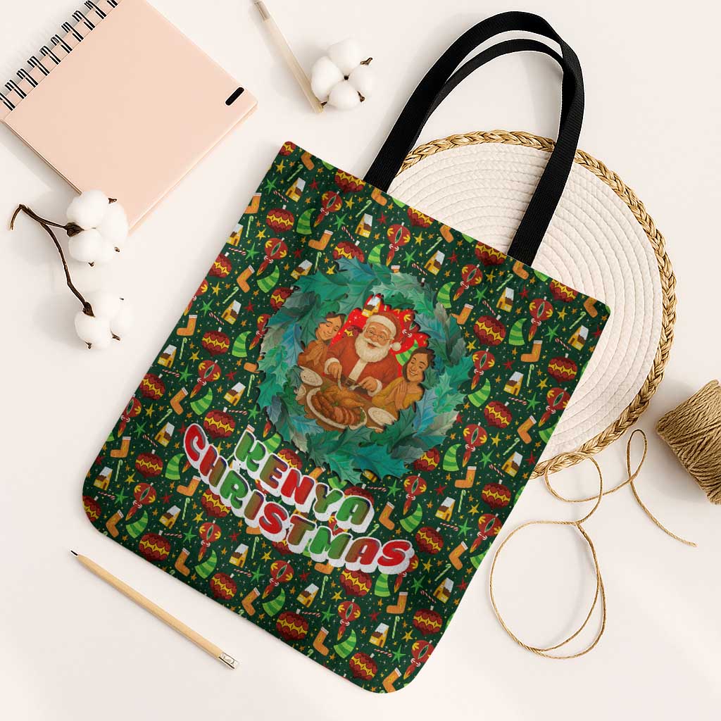 Kenya Christmas Tote Bag with Santa Feast Scene and Festive Wreath Pattern - Wonder Print Shop