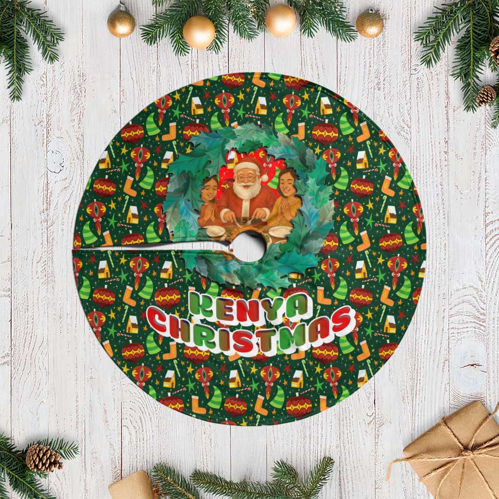 Kenya Christmas Tree Skirt with Santa Feast Scene and Festive Wreath Pattern - Wonder Print Shop