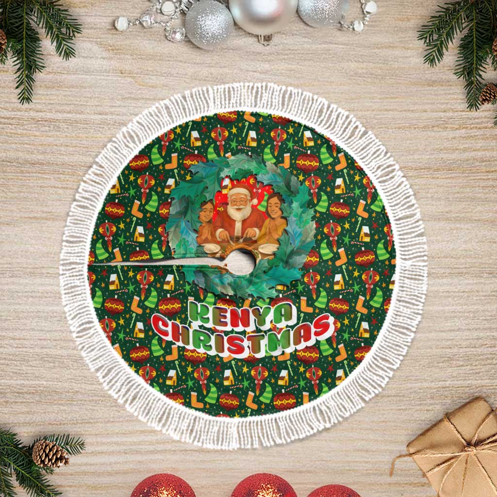 Kenya Christmas Tree Skirt with Santa Feast Scene and Festive Wreath Pattern - Wonder Print Shop
