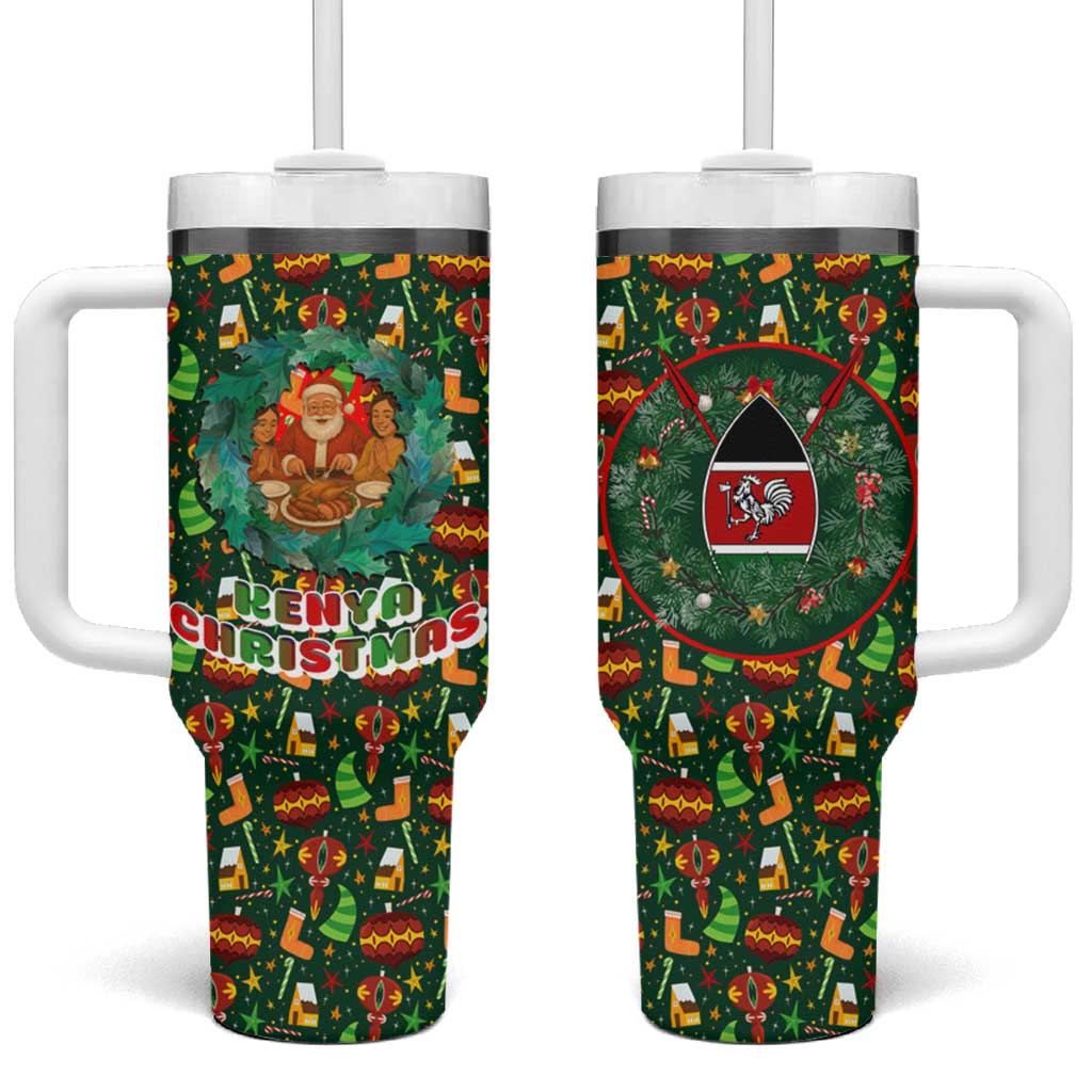 Kenya Christmas Tumbler With Handle with Santa Feast Scene and Festive Wreath Pattern - Wonder Print Shop