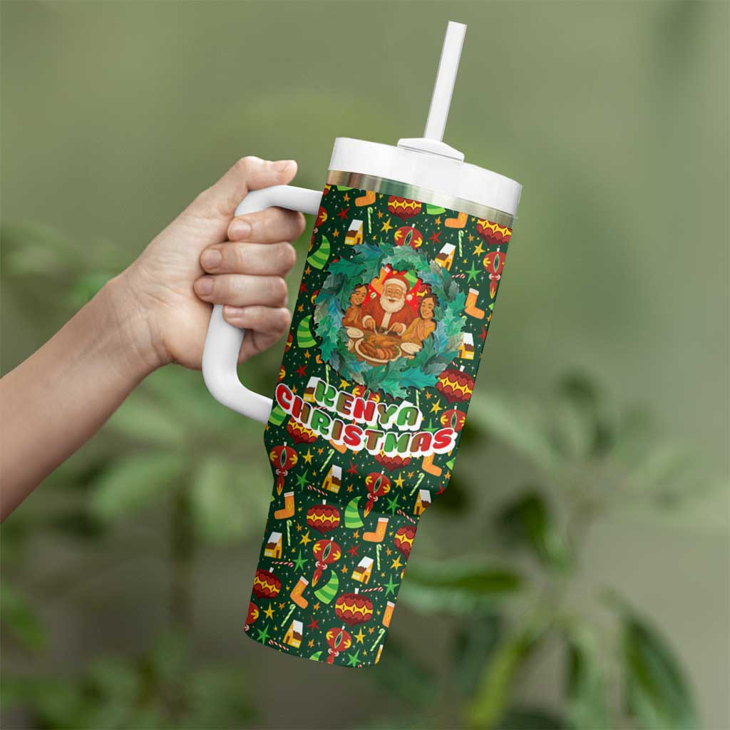 Kenya Christmas Tumbler With Handle with Santa Feast Scene and Festive Wreath Pattern - Wonder Print Shop
