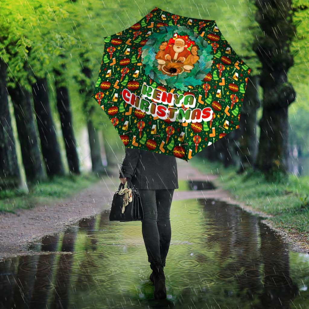 Kenya Christmas Umbrella with Santa Feast Scene and Festive Wreath Pattern - Wonder Print Shop