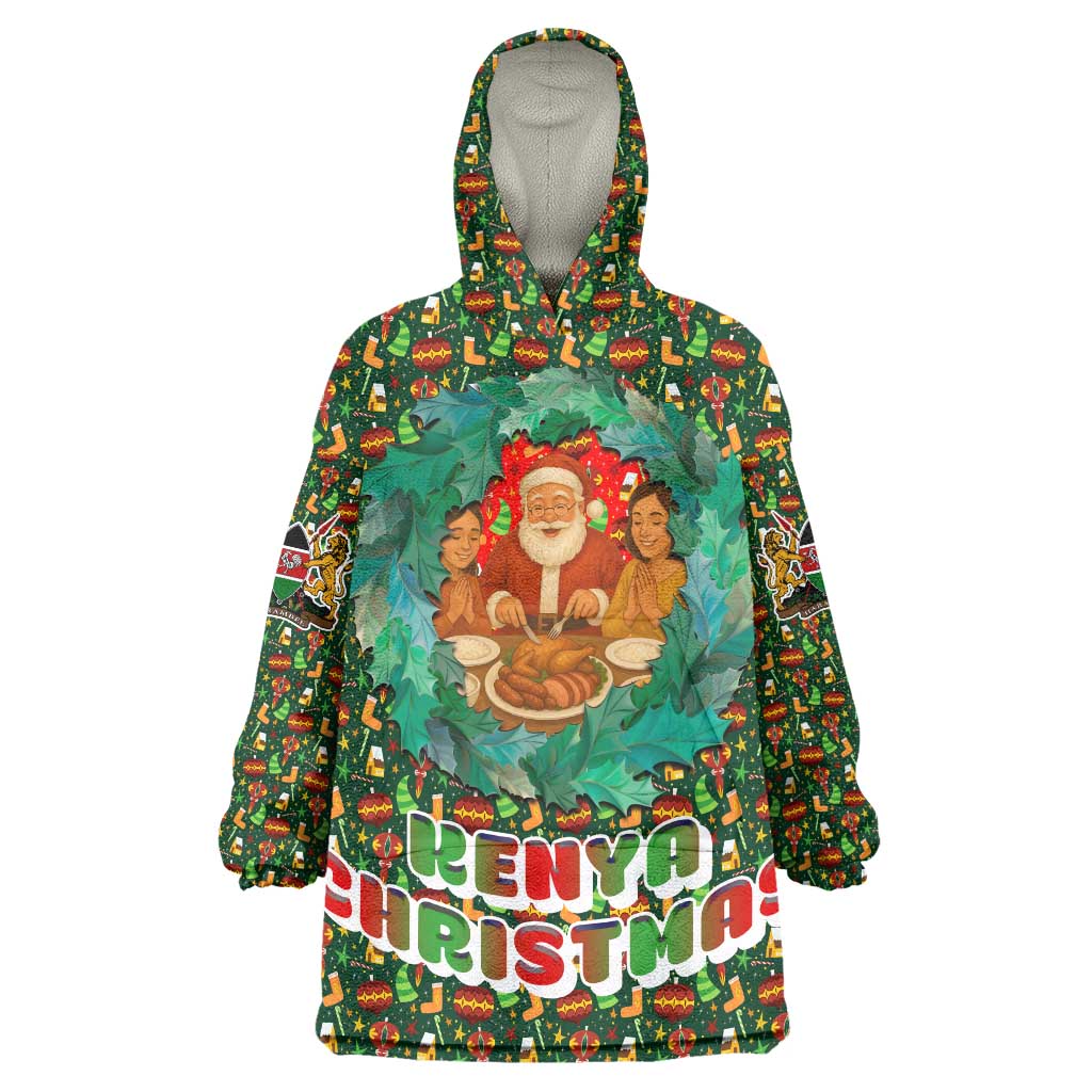 Kenya Christmas Wearable Blanket Hoodie with Santa Feast Scene and Festive Wreath Pattern - Wonder Print Shop