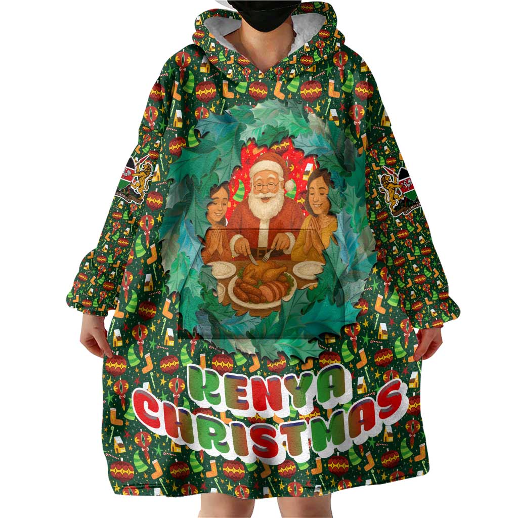 Kenya Christmas Wearable Blanket Hoodie with Santa Feast Scene and Festive Wreath Pattern - Wonder Print Shop