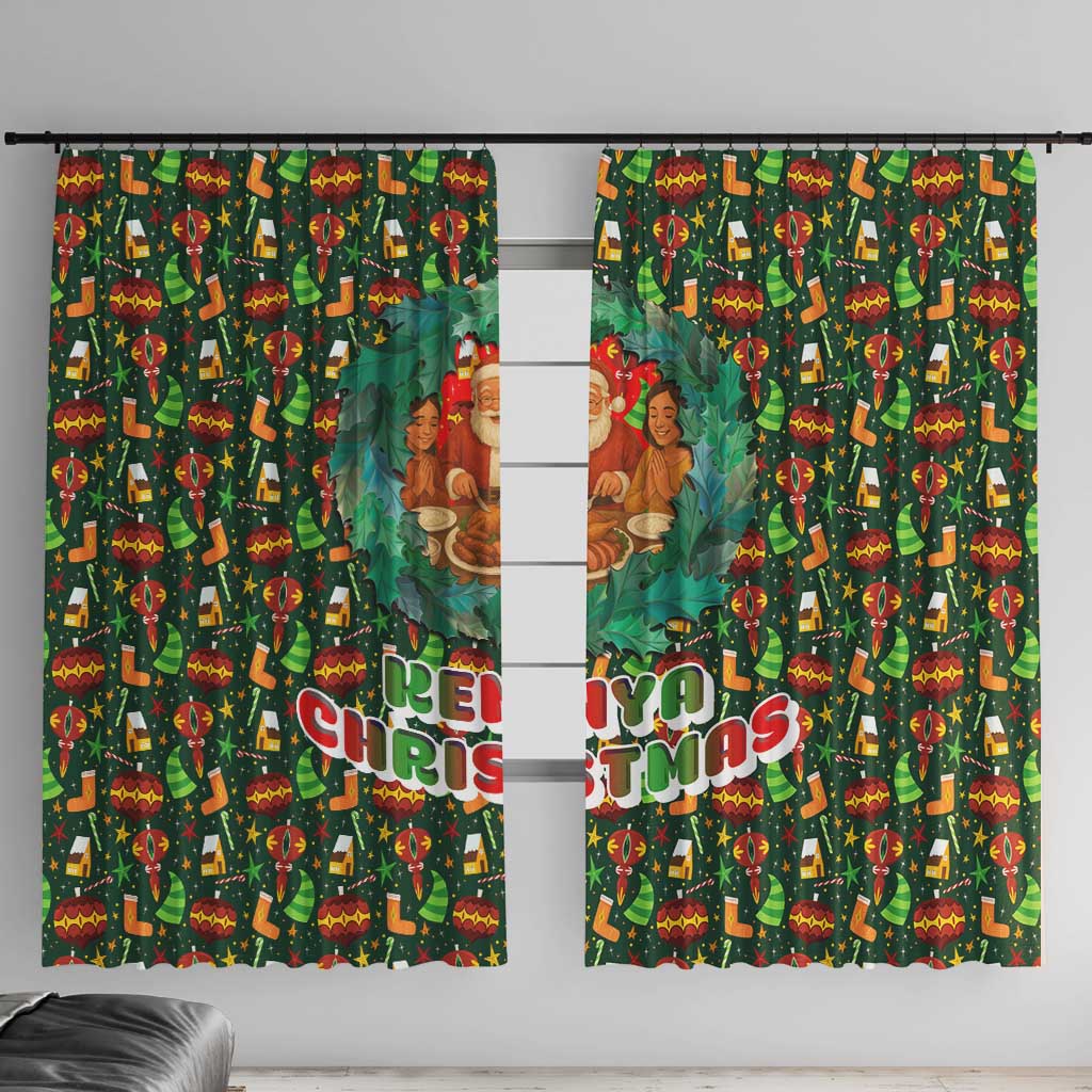 Kenya Christmas Window Curtain with Santa Feast Scene and Festive Wreath Pattern - Wonder Print Shop