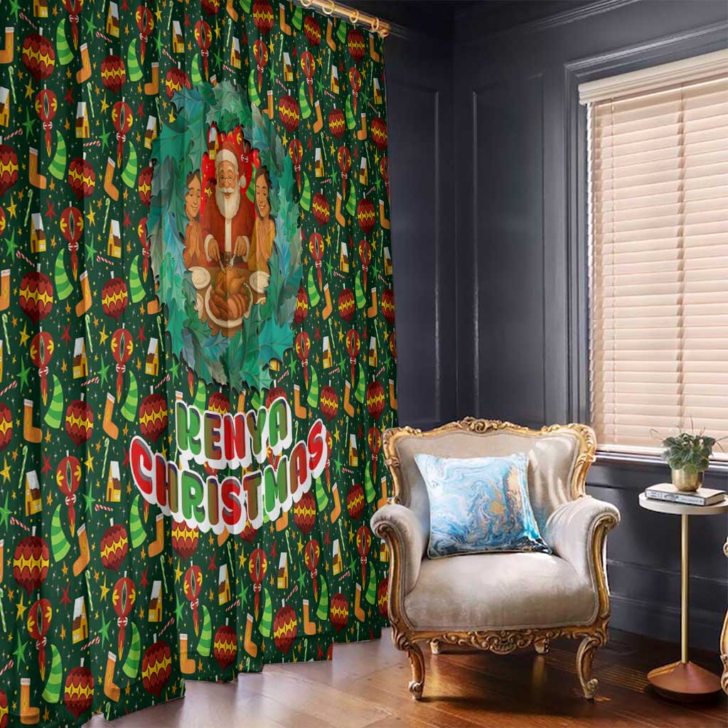 Kenya Christmas Window Curtain with Santa Feast Scene and Festive Wreath Pattern - Wonder Print Shop
