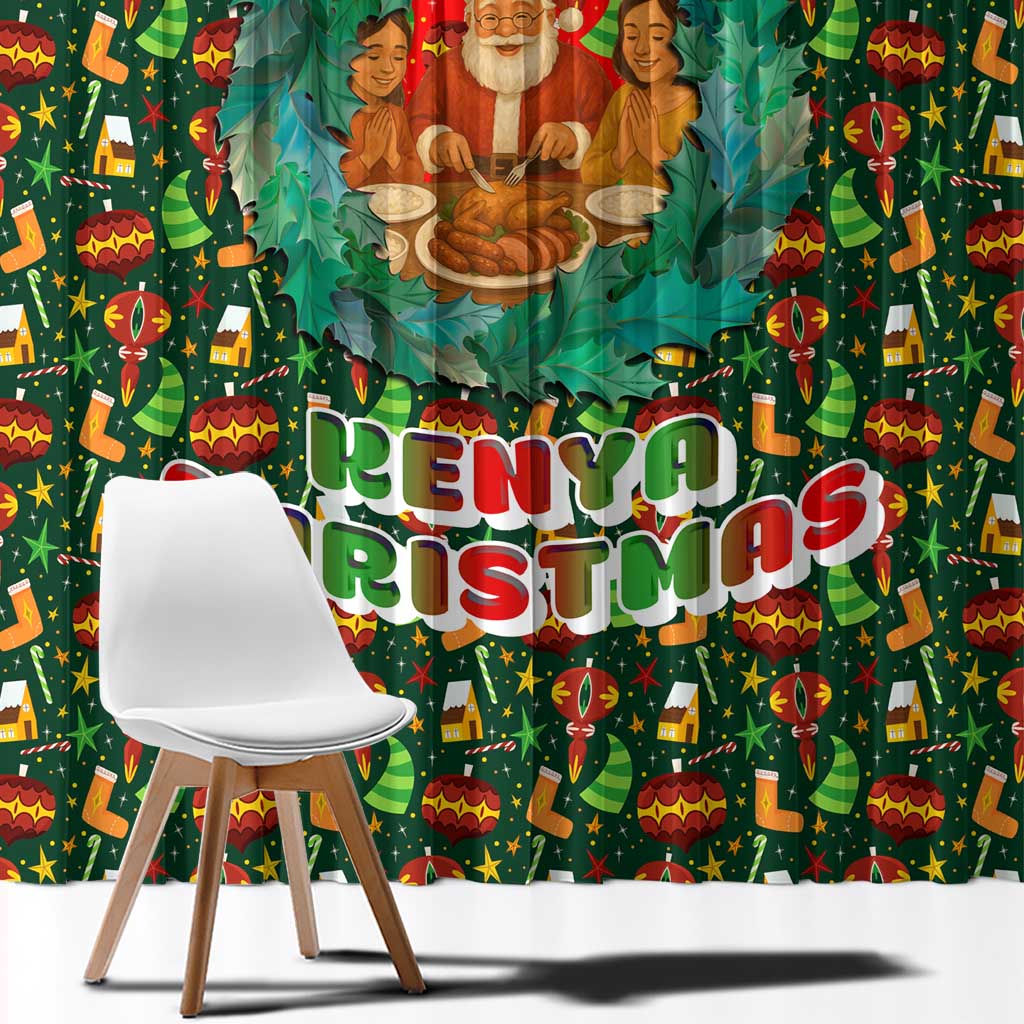 Kenya Christmas Window Curtain with Santa Feast Scene and Festive Wreath Pattern - Wonder Print Shop