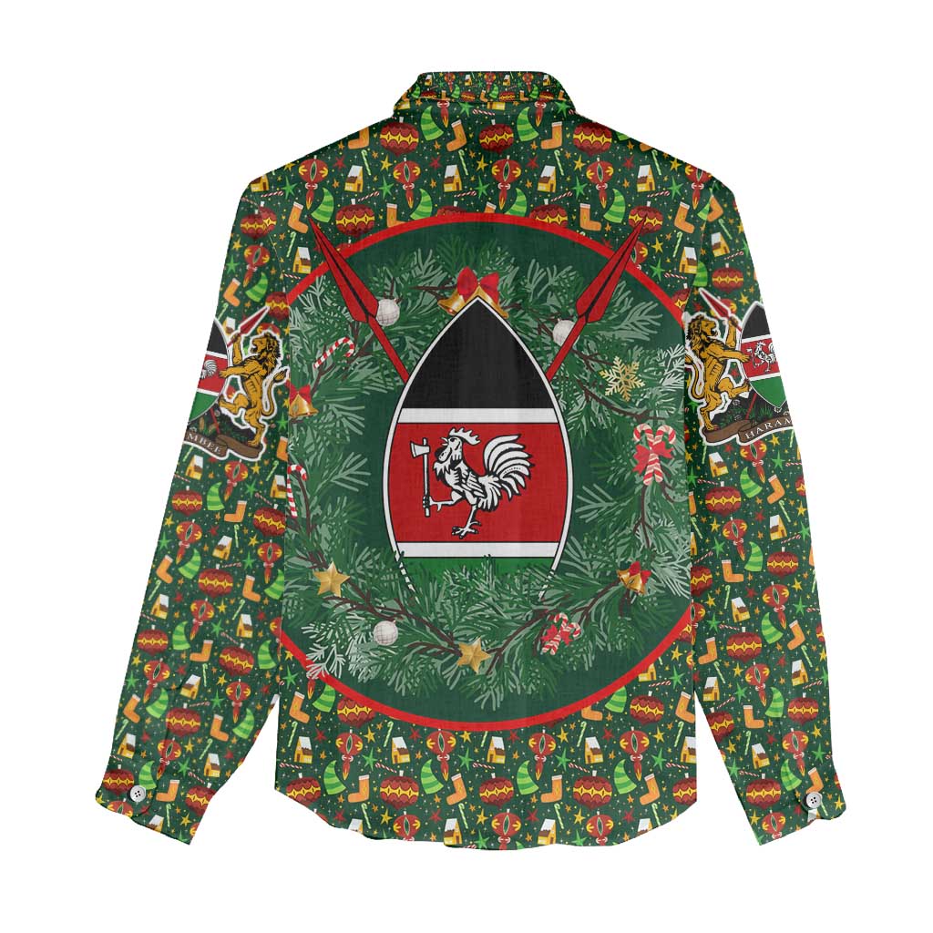 Kenya Christmas Women Casual Shirt with Santa Feast Scene and Festive Wreath Pattern - Wonder Print Shop