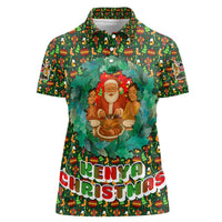 Kenya Christmas Women Polo Shirt with Santa Feast Scene and Festive Wreath Pattern - Wonder Print Shop