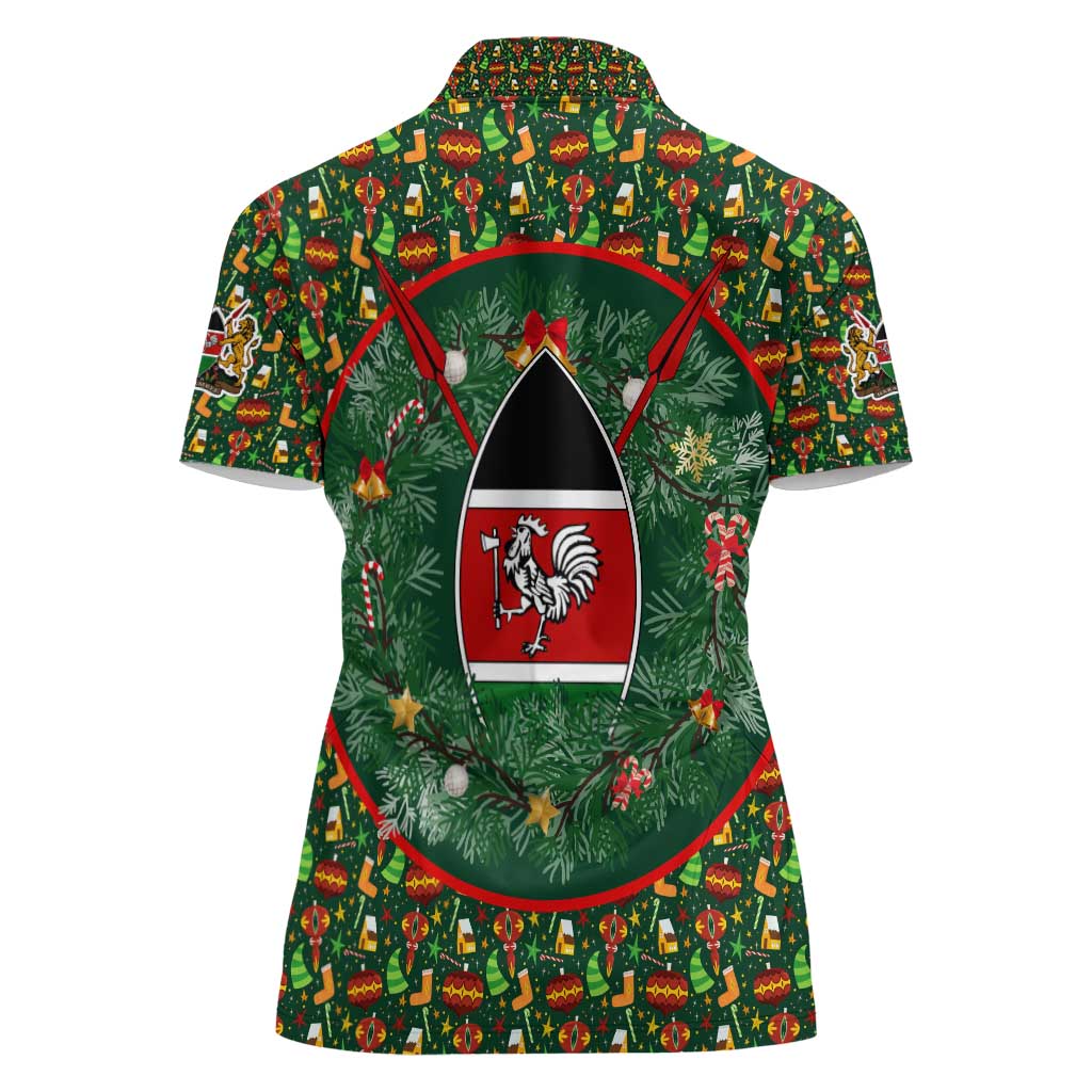 Kenya Christmas Women Polo Shirt with Santa Feast Scene and Festive Wreath Pattern - Wonder Print Shop