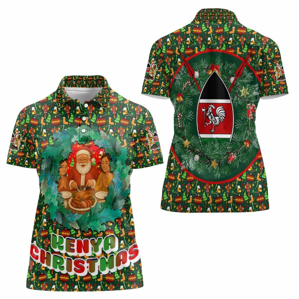 Kenya Christmas Women Polo Shirt with Santa Feast Scene and Festive Wreath Pattern - Wonder Print Shop