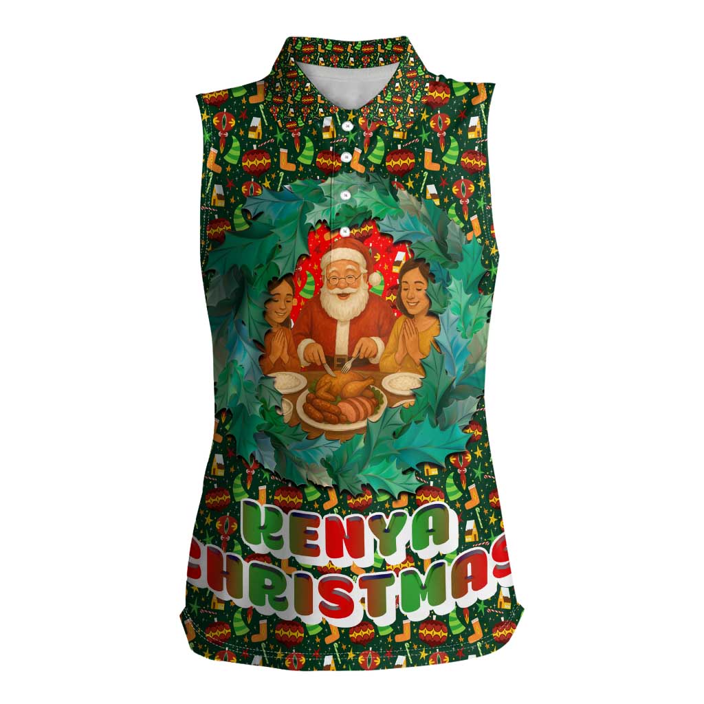 Kenya Christmas Women Sleeveless Polo Shirt with Santa Feast Scene and Festive Wreath Pattern - Wonder Print Shop