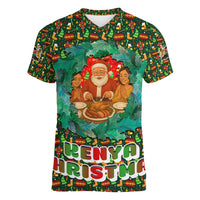 Kenya Christmas Women V-Neck T-Shirt with Santa Feast Scene and Festive Wreath Pattern - Wonder Print Shop