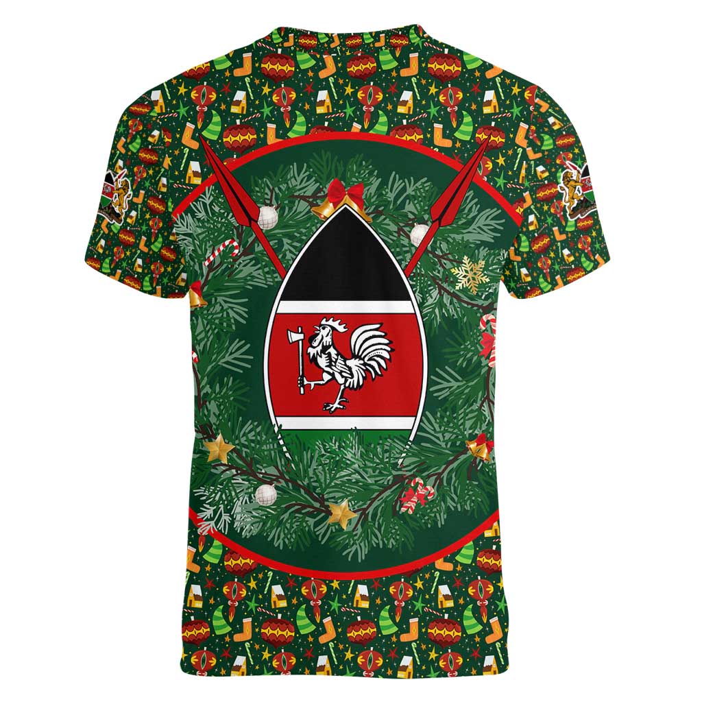 Kenya Christmas Women V-Neck T-Shirt with Santa Feast Scene and Festive Wreath Pattern - Wonder Print Shop