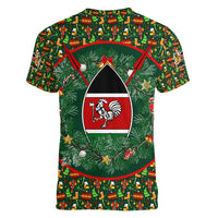 Kenya Christmas Women V-Neck T-Shirt with Santa Feast Scene and Festive Wreath Pattern - Wonder Print Shop