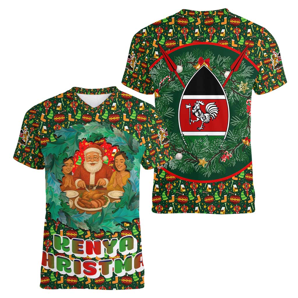 Kenya Christmas Women V-Neck T-Shirt with Santa Feast Scene and Festive Wreath Pattern - Wonder Print Shop